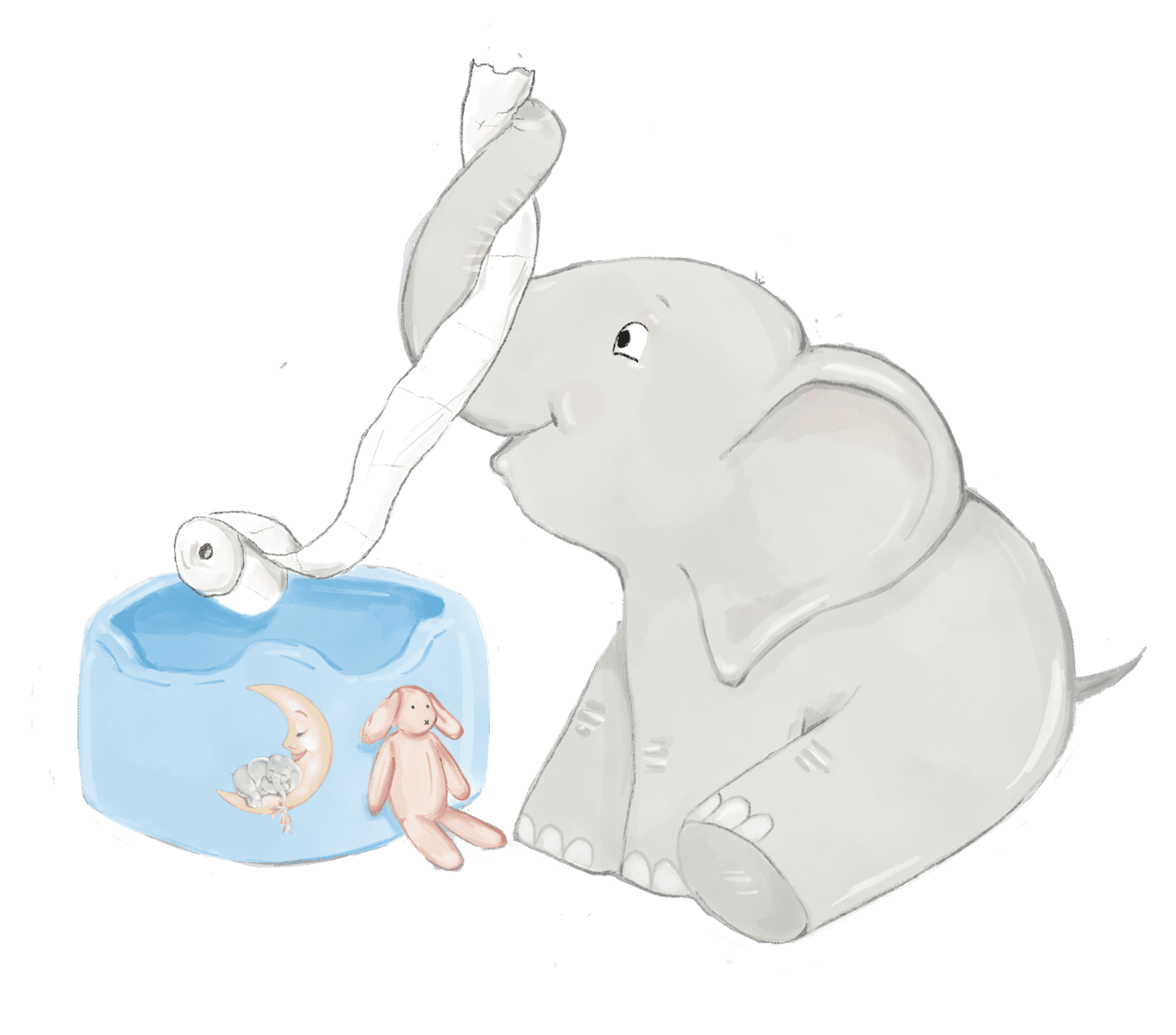 Logo Cursus Zindelijkheidstraining Snuggles & Dreams: illustratie van olifant naast een potje met wc papier en een knuffel